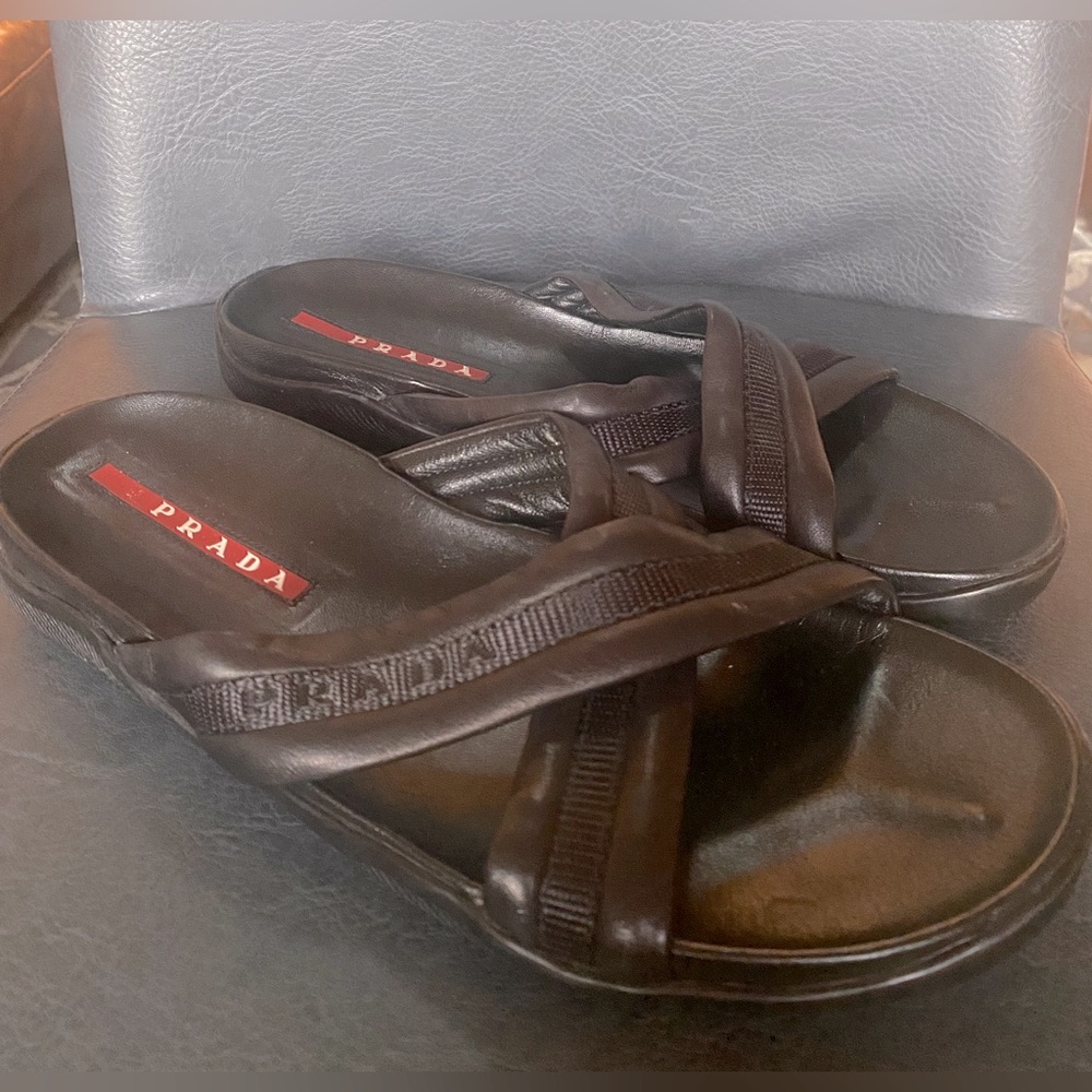 Prada Mens Leather Crisscross slides